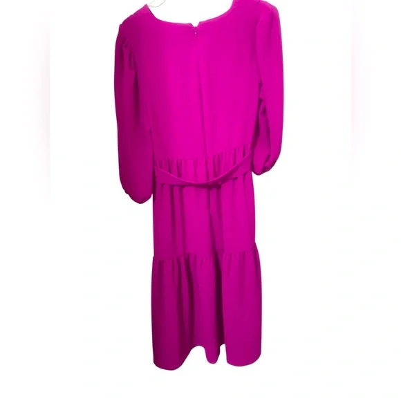 💙 DKNY Tiered Balloon Sleeve Dress Vibrant Pink Midi Dress - Picture 7 of 11